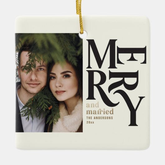 ヴィンテージメリーと結婚したクリスマス結婚写真 セラミックオーナメント (正面)