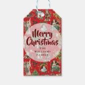ヴィンテージメリークリスマスお祭り赤い家族名 ギフトタグ (正面)