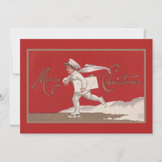 ヴィンテージメリークリスマスの男の子ポストマンが氷の上を滑る シーズンカード (正面)