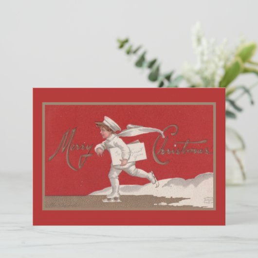 ヴィンテージメリークリスマスの男の子ポストマンが氷の上を滑る シーズンカード (スタンド正面)
