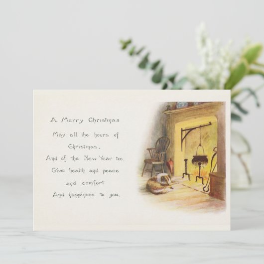 ヴィンテージメリークリスマスの詩の犬と暖炉 シーズンカード (スタンド正面)