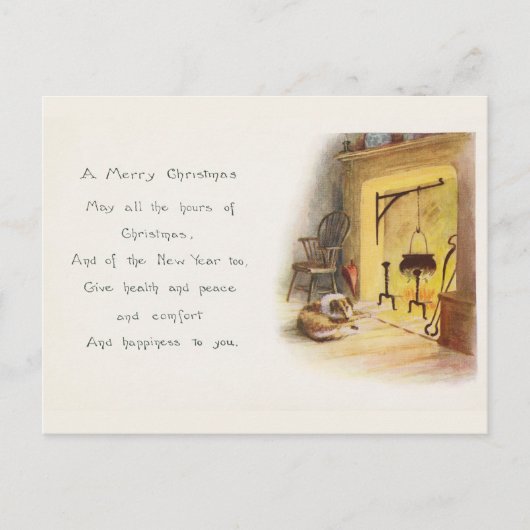ヴィンテージメリークリスマスの詩の犬と暖炉 シーズンポストカード (正面)