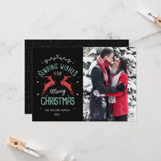 ヴィンテージメリークリスマスの飾り付けトナカイの写真 カード (正面/裏面インサイチュ)