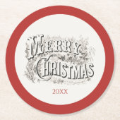 ヴィンテージメリークリスマスイラストレーション年 ラウンドペーパーコースター (正面)