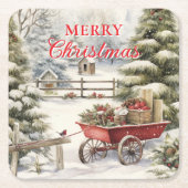 ヴィンテージメリークリスマスウィンターフォレスト スクエアペーパーコースター (正面)