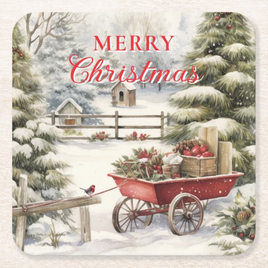 ヴィンテージメリークリスマスウィンターフォレスト スクエアペーパーコースター (正面)