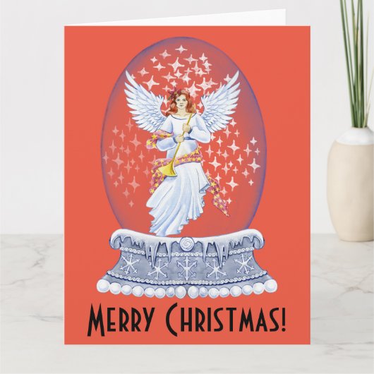 ヴィンテージメリークリスマスエンジェルきらめくスグローブ カード (正面)