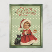 ヴィンテージメリークリスマスガールレッドドレスブラックキャット シーズンポストカード (正面)