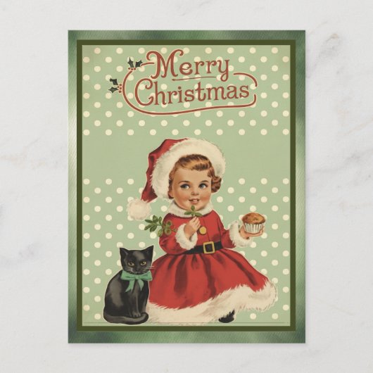 ヴィンテージメリークリスマスガールレッドドレスブラックキャット シーズンポストカード (正面)