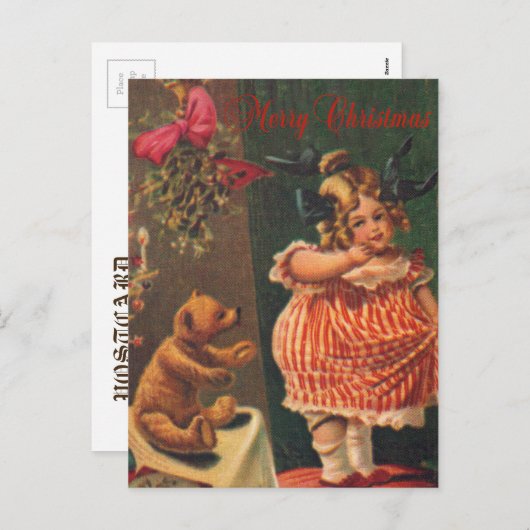 ヴィンテージメリークリスマスガール&ベア シーズンポストカード (正面/裏面)