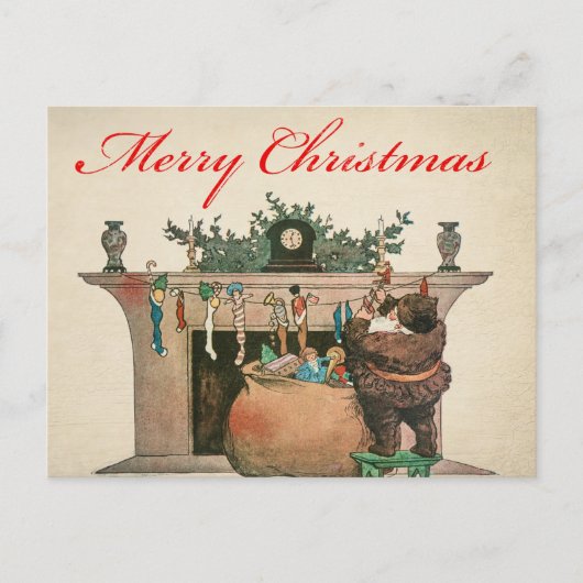 ヴィンテージメリークリスマスサンタとプレゼント ポストカード (正面)