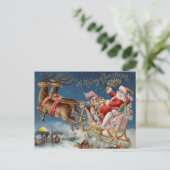 ヴィンテージメリークリスマスサンタクロース水彩画 シーズンポストカード (スタンド正面)