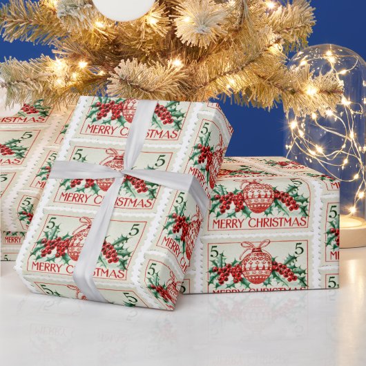 ヴィンテージメリークリスマススタンプ ラッピングペーパー (クリスマス)
