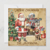 ヴィンテージメリークリスマスツリーサンタクロース犬の贈り物 シーズンカード (正面)
