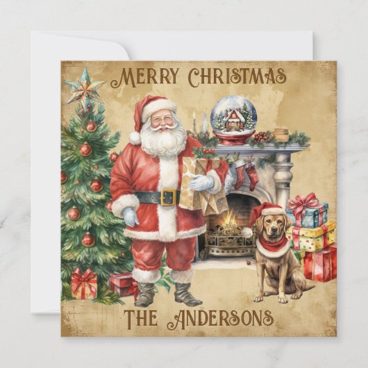 ヴィンテージメリークリスマスツリーサンタクロース犬の贈り物 シーズンカード (正面)