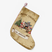 ヴィンテージメリークリスマスツリーサンタクロース犬の贈り物 スモールクリスマスストッキング (正面 (吊り時))