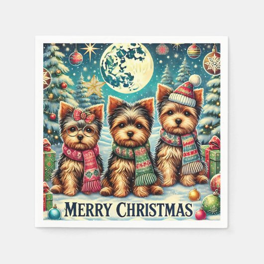 ヴィンテージメリークリスマステリアヨースキルヨークシャーテリア スタンダードカクテルナプキン (正面)