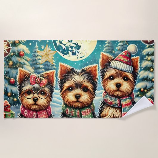 ヴィンテージメリークリスマステリアヨースキルヨークシャーテリア ビーチタオル (正面)