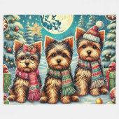 ヴィンテージメリークリスマステリアヨースキルヨークシャーテリア フリースブランケット (正面(横))