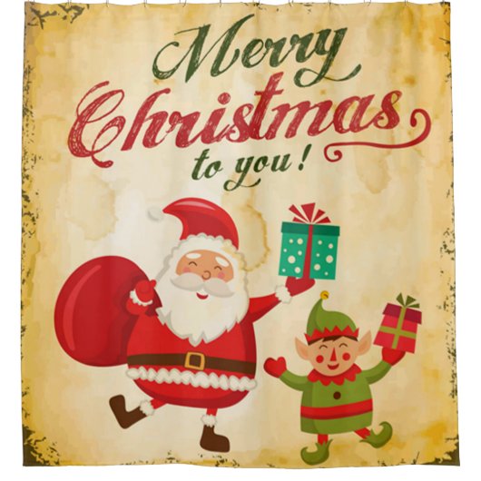 ヴィンテージメリークリスマスデーンサンタ&小妖精や小人 シャワーカーテン (正面)