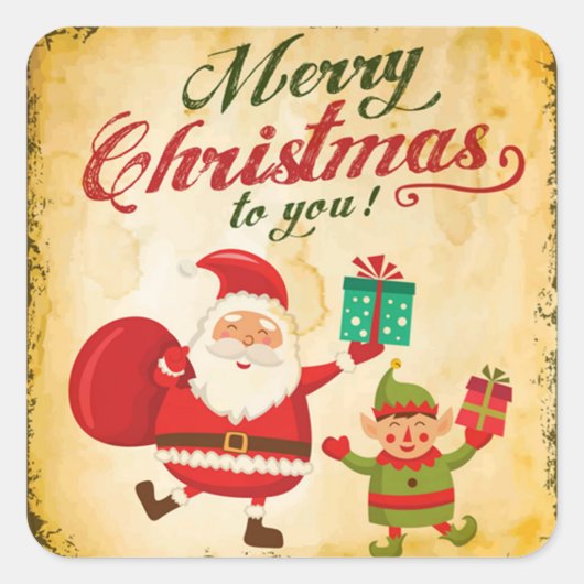 ヴィンテージメリークリスマスデーンサンタ&小妖精や小人 スクエアシール (正面)
