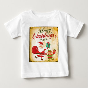 ヴィンテージメリークリスマスデーンサンタ&小妖精や小人 ベビーTシャツ