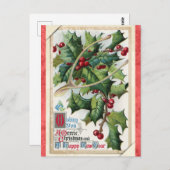 ヴィンテージメリークリスマスハッピーニューイヤーホリー ポストカード (正面/裏面)
