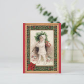 ヴィンテージメリークリスマスビクトリアンチャイルドポインセチア ポストカード (スタンド正面)