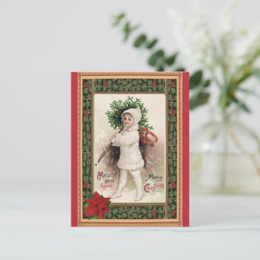 ヴィンテージメリークリスマスビクトリアンチャイルドポインセチア ポストカード (スタンド正面)