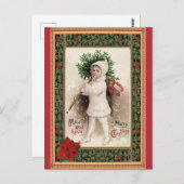 ヴィンテージメリークリスマスビクトリアンチャイルドポインセチア ポストカード (正面/裏面)