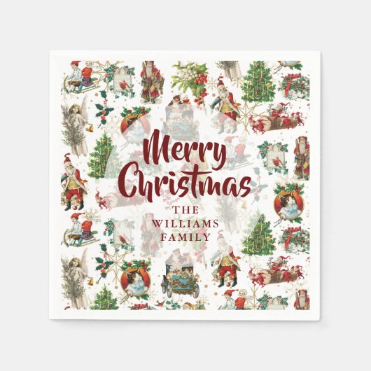 ヴィンテージメリークリスマスファミリー名フェスティバル スタンダードカクテルナプキン (正面)