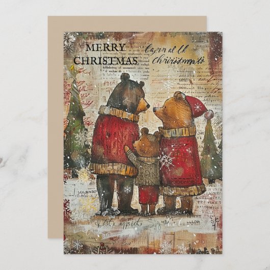 ヴィンテージメリークリスマスベアーファミリー雪 シーズンカード (正面/裏面)