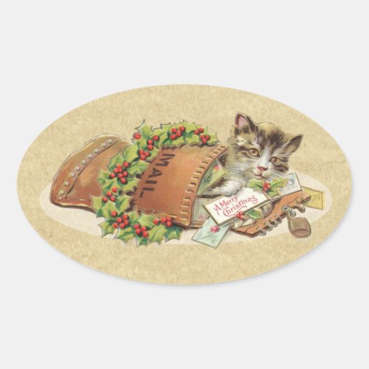 ヴィンテージメリークリスマスメール猫 楕円形シール (正面)
