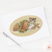 ヴィンテージメリークリスマスメール猫 楕円形シール (封筒)