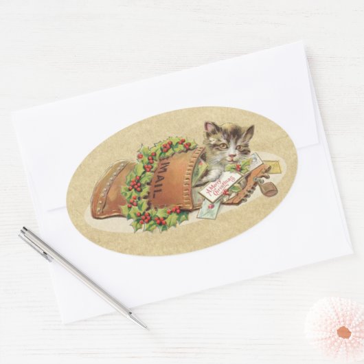 ヴィンテージメリークリスマスメール猫 楕円形シール (封筒)