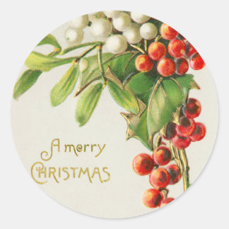 ヴィンテージメリークリスマスレッド&ホワイトホリーベリー ラウンドシール