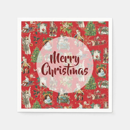 ヴィンテージメリークリスマスレトロフェスティバルレッド スタンダードカクテルナプキン (正面)
