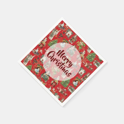 ヴィンテージメリークリスマスレトロフェスティバルレッド スタンダードカクテルナプキン (角)