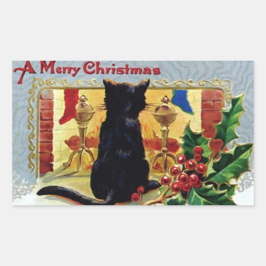 ヴィンテージメリークリスマス子猫フィアレスホリー 長方形シール (正面)