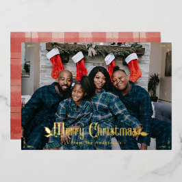 ヴィンテージメリークリスマス赤い格子模様カスタムの写真 箔シーズンカード
