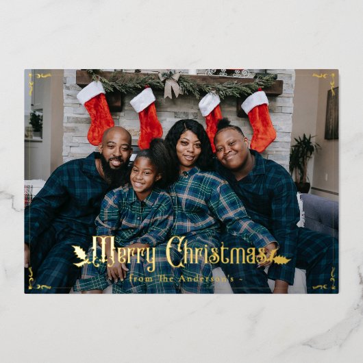 ヴィンテージメリークリスマス赤い格子模様カスタムの写真 箔シーズンカード (正面)