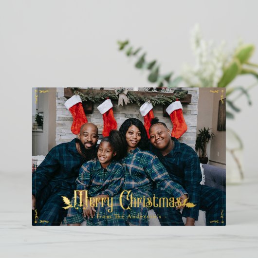 ヴィンテージメリークリスマス赤い格子模様カスタムの写真 箔シーズンカード (立ち正面)