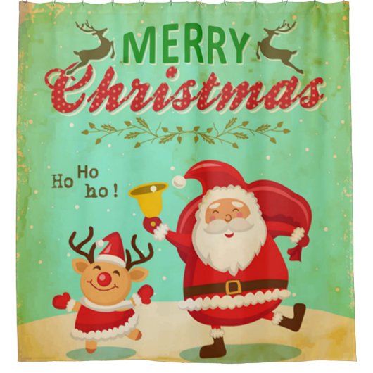 ヴィンテージメリークリスマス踊りサンタ&トナカイ シャワーカーテン (正面)