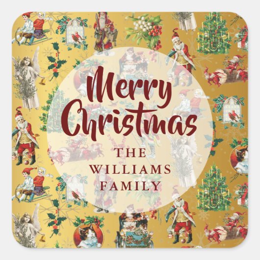 ヴィンテージメリークリスマス金ゴールドファミリー名 スクエアシール (正面)