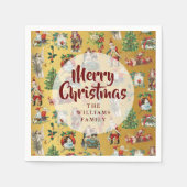 ヴィンテージメリークリスマス金ゴールドファミリー名 スタンダードカクテルナプキン (正面)