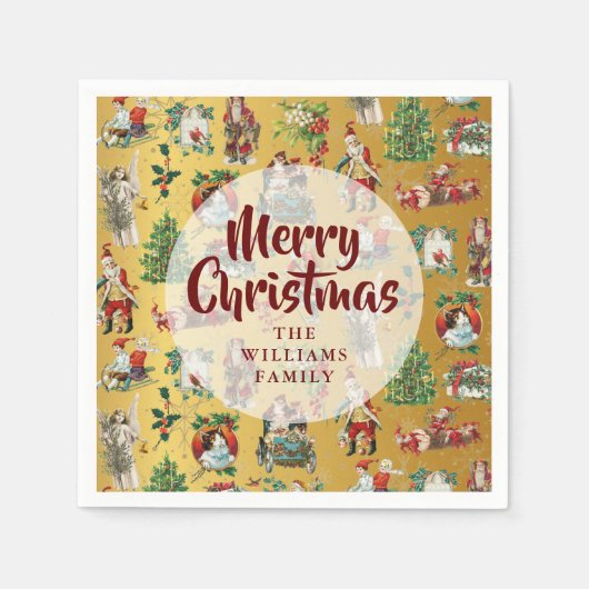 ヴィンテージメリークリスマス金ゴールドファミリー名 スタンダードカクテルナプキン (正面)