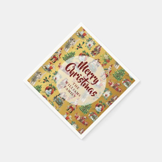ヴィンテージメリークリスマス金ゴールドファミリー名 スタンダードカクテルナプキン (角)