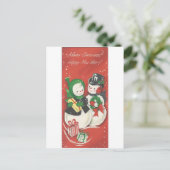 ヴィンテージメリークリスマス雪だるまカップル シーズンポストカード (スタンド正面)