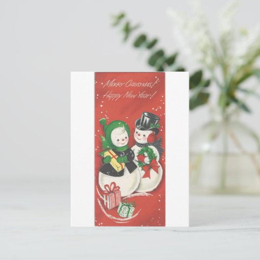 ヴィンテージメリークリスマス雪だるまカップル シーズンポストカード (スタンド正面)