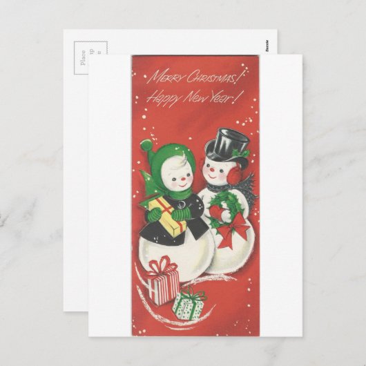 ヴィンテージメリークリスマス雪だるまカップル シーズンポストカード (正面/裏面)